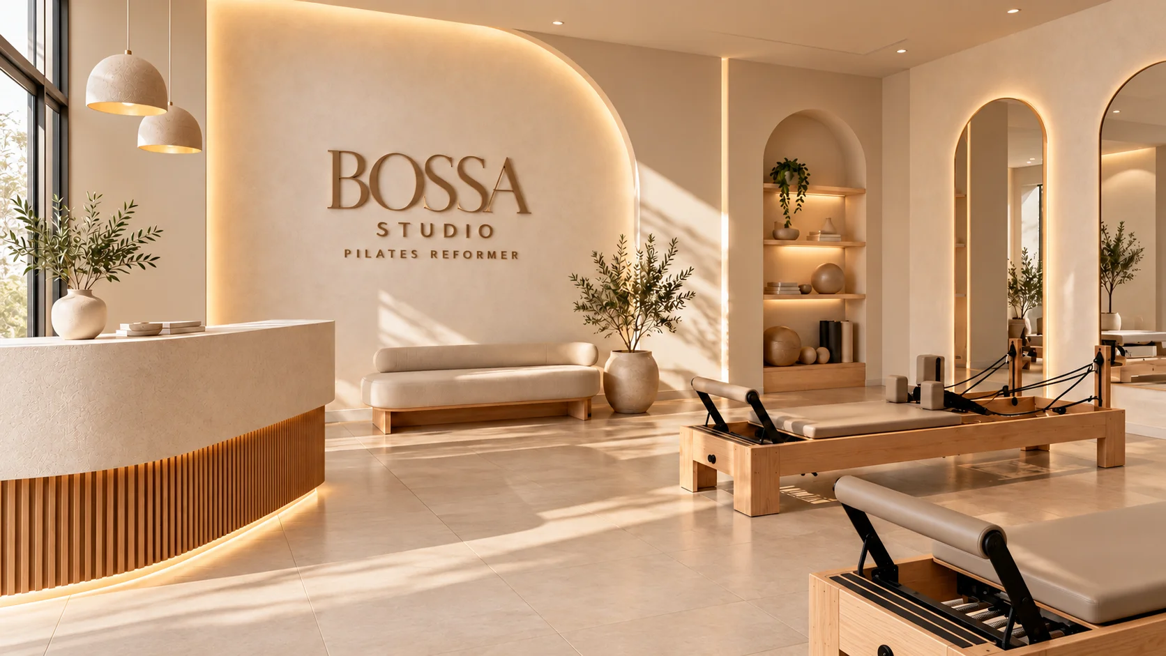 Interior de BOSSA con recepción, letrero del estudio y reformers en un ambiente cálido